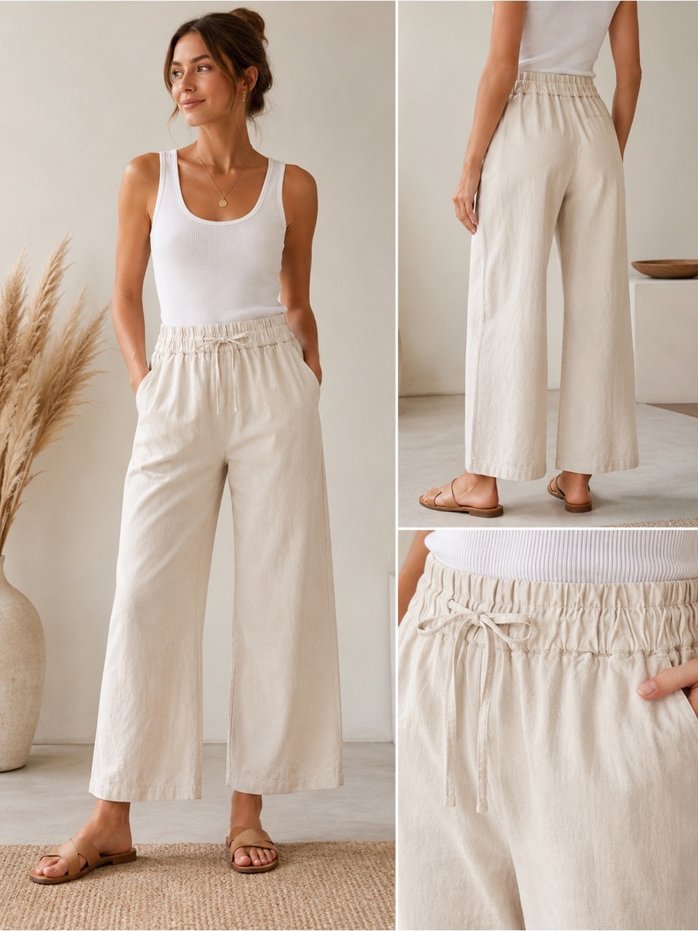 Chartou Linen Blend Wide Leg Pull-On Pants Neutral Oatmeal Elastic Waist Cropped